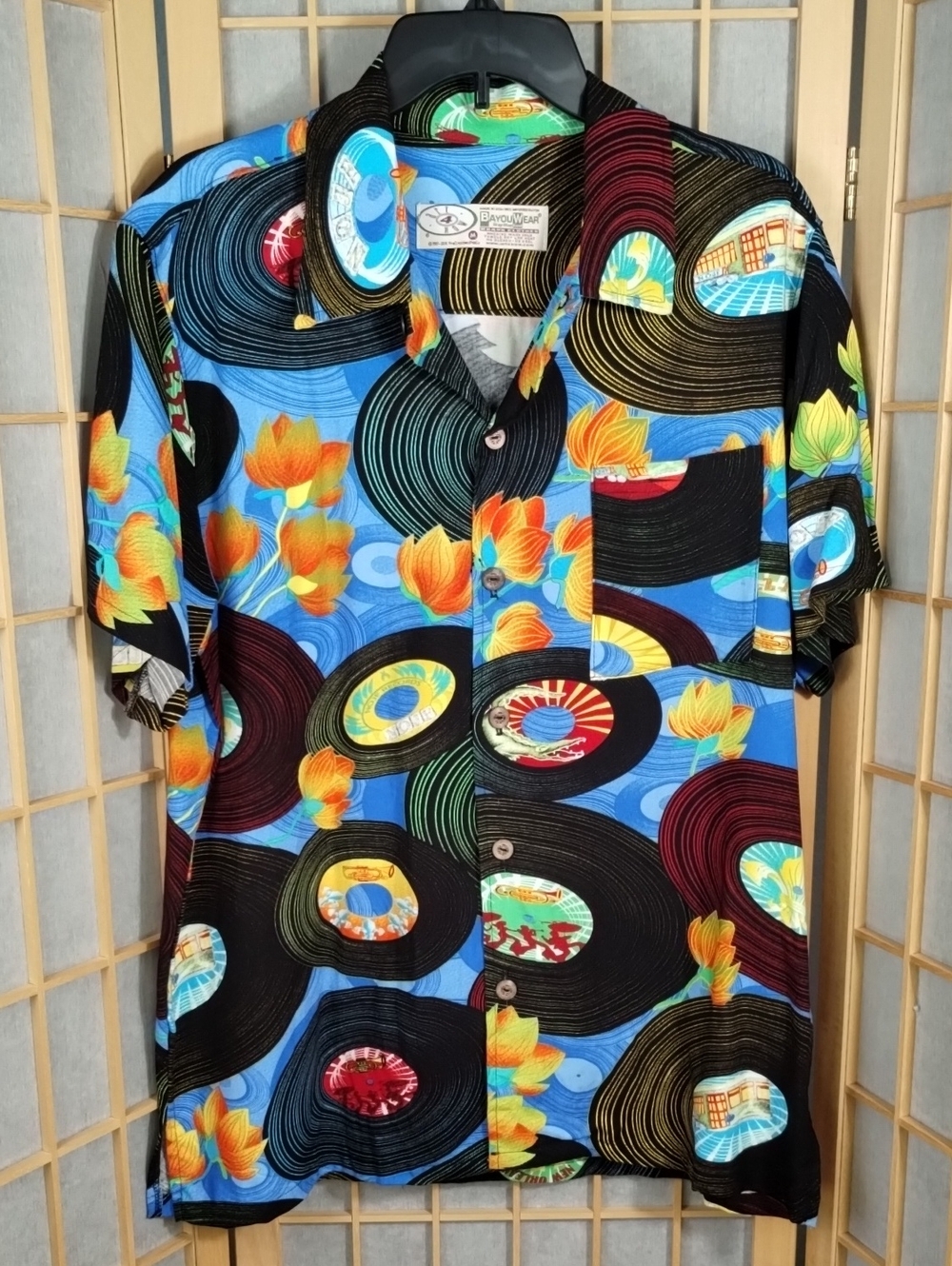 BayouWear New Orleans Jazz Fest Record Print Hawaiian Shirt Blue Orange Size M
